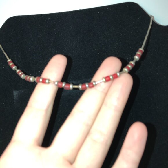 15 1/4" Frosted Orange Red and Silver Beaded Necklace - Picture 9 of 9